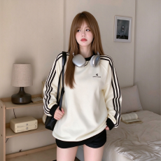 批发韩系慵懒风侧边条纹拼接卫衣女 简约杏色宽松显瘦长袖套头上衣