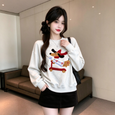 批发毛巾绣卡通小狗圆领卫衣女春秋宽松落肩长袖套头衫休闲绣花上衣