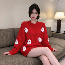 批发圣诞红色毛衣女宽松中长款圆领套头针织衫立体圣诞老人加厚上衣