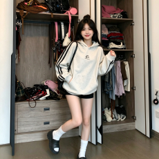 批发美式复古侧边条纹连帽卫衣女 宽松慵懒百搭休闲套头春秋上衣