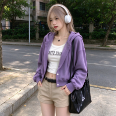 连帽卫衣外套女 2026 早秋新款韩系宽松休闲开衫上衣紫黄百搭外搭