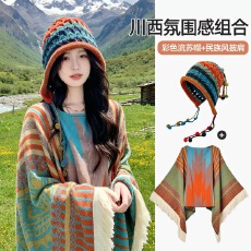 批发民族风披肩套头针织外搭女川西新疆草原旅游秋冬保暖超大斗篷围巾