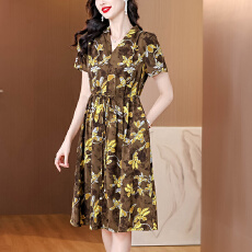 批发实拍有货 2026夏季新款短袖连衣裙宽松单层印花有口袋中长款