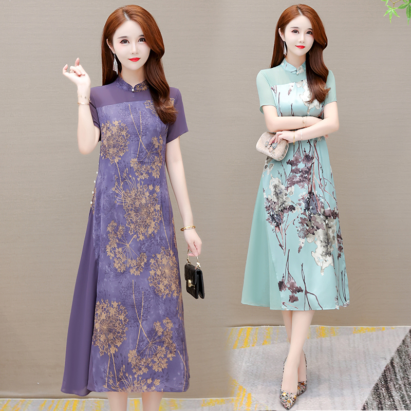 MY9321# 夏季辛苦大码连衣裙改良旗袍妈妈装单层显瘦洋气女裝貨源服裝批發