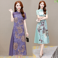 批发实拍 2026夏季新款大码连衣裙<b class='q'>改良</b><b class='q'>旗袍</b>妈妈装单层显瘦洋气