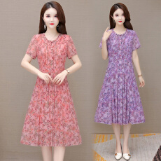 批发实拍有货 2026夏季短袖花连衣裙网纱印花A字裙舒适透气减龄收腰