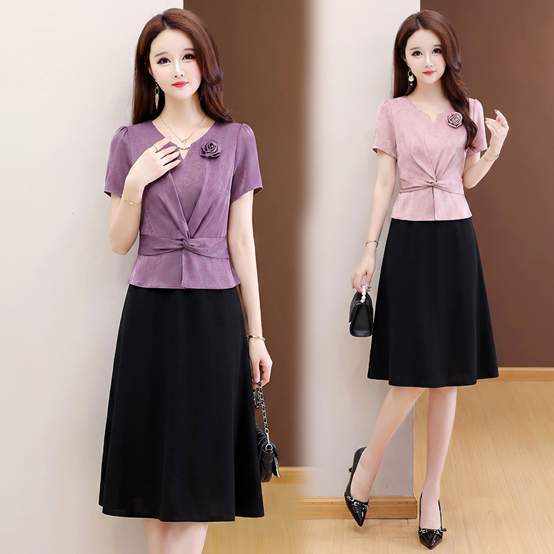 RY4083# 实拍有货 2026夏季新款大码短袖连衣裙收腰显瘦遮肚中长款妈妈装