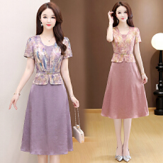 实拍有货 2026夏季新款大码短袖连衣裙妈妈装收腰显瘦优雅洋气