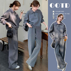 批发图片已处理孕孕妇装秋冬新款设计感翻领拼接卫衣阔腿裤孕妇两件套