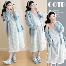 批发实拍新品~ 孕妇装秋冬新款蓝色针织开衫+背心裙打底套装两件套