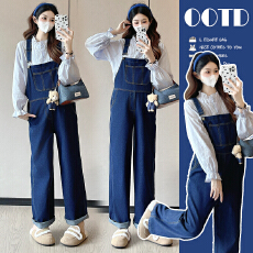 批发实拍现2026春季新品孕妇装韩版休闲简约<b class='q'>牛仔</b><b class='q'>背带裤</b>+印花T套装