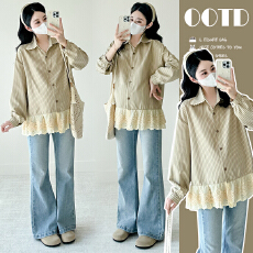 批发实拍2026孕妇春装新款长袖翻领<b class='q'>衬衫</b>时尚条纹拼接蕾丝上衣外出潮妈