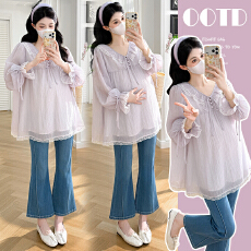 批发实拍现2026春季孕妇新款蕾丝花边韩系甜美百搭娃娃衫上衣孕妇