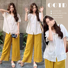 批发有货图片已处理~孕妇套装宽松纯色减龄时尚洋气上衣阔腿长裤套装