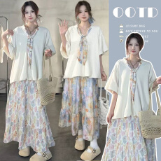 批发有货~孕妇装<b class='q'>夏季</b>套装2026新款纯棉领带上衣薄外出半身裙两件套