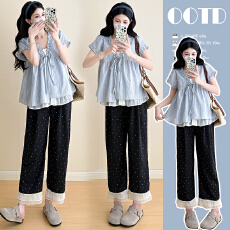 批发实拍现~2026新款孕妇装<b class='q'>韩版</b>假两件蓝色<b class='q'>娃娃衫</b>V领衬衫上衣超减龄