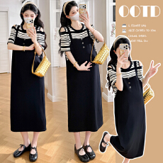 批发实拍新品~2026夏季孕妇装时尚露肩<b class='q'>黑白</b>条纹宽松遮肚孕妇<b class='q'>连衣裙</b>