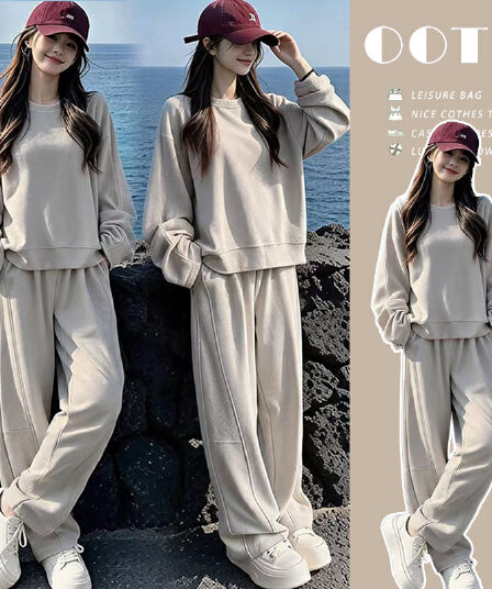 출산 착용 가을과 겨울 2026 새로운 느긋한 느슨함 센스 대 후드티 웨이 바지 투피스 세트 가을