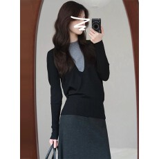 批发韩系chic黑色假两件<b class='q'>长袖</b>T恤上衣女2025秋季新款内搭打底针织小衫