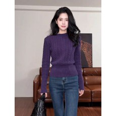 紫色麻花套头毛衣女秋冬高级感内搭可外穿收腰气质针织衫打底上衣