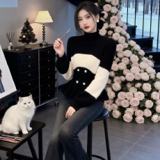 批发温柔小香风黑白撞色半高领荷叶边<b class='q'>长袖</b>毛衣针织衫女秋冬款修身上衣