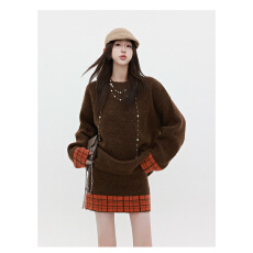 批发颖子定制【暮色漫游】<b class='q'>复古</b>撞色圆领毛衣女秋冬季高腰短裙两件套装