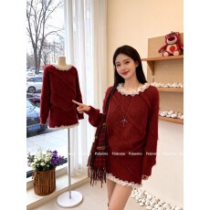 批发温柔风软糯红色针织花边领上衣短裙女2026春季高级感气质<b class='q'>时尚</b>套装