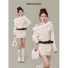 批发PPWUDAWNAG圣诞穿搭红色连衣裙女秋冬季毛领斜肩<b class='q'>针织</b>包臀裙