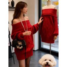 批发圣诞新年穿搭红色针织<b class='q'>连衣裙</b>子女秋冬季2025年新款一字肩毛衣短裙
