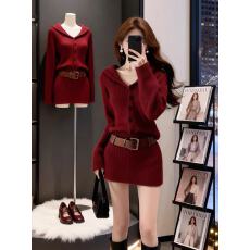 批发千金感气质辣妹红色针织<b class='q'>连衣裙</b>女装2026春季新款约会收腰包臀短裙