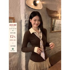 批发宋正恩咖色Polo领假两件针织衫女冬季衣内搭修身短款长袖小上衣