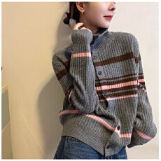 批发撞色<b class='q'>条纹</b>针织开衫女欧洲站2026冬装新款欧货女装毛衣外套潮
