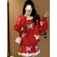 批发小众不撞款气质蝴蝶软糯花边针织衫短裙女装2026春季新款<b class='q'>时尚</b>套装