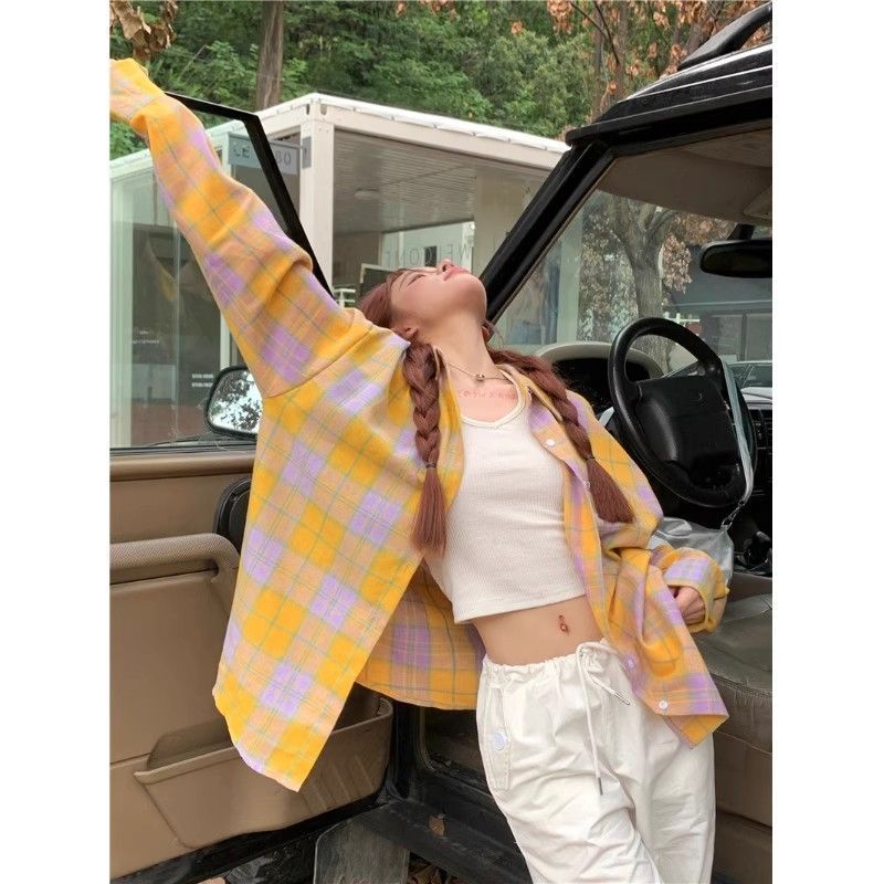 원본 원단 것 핑크색 체크무늬 긴팔 여성 셔츠 이른 가을 POLO 칼라 달콤한 매운맛 외부 가져 가라. 오픈 가디건