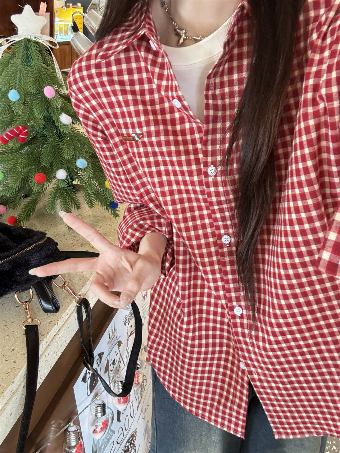 빨간색 Chic 체크무늬 여성 셔츠 가을 겨울 2026 새로운 폭발 폴로 칼라 셔츠 홍콩 느낌 레트로 chic 맨위 여성