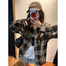 批发早秋氛围感穿搭上衣宽松韩版慵懒风复古格纹长袖防晒衬衫外搭女款