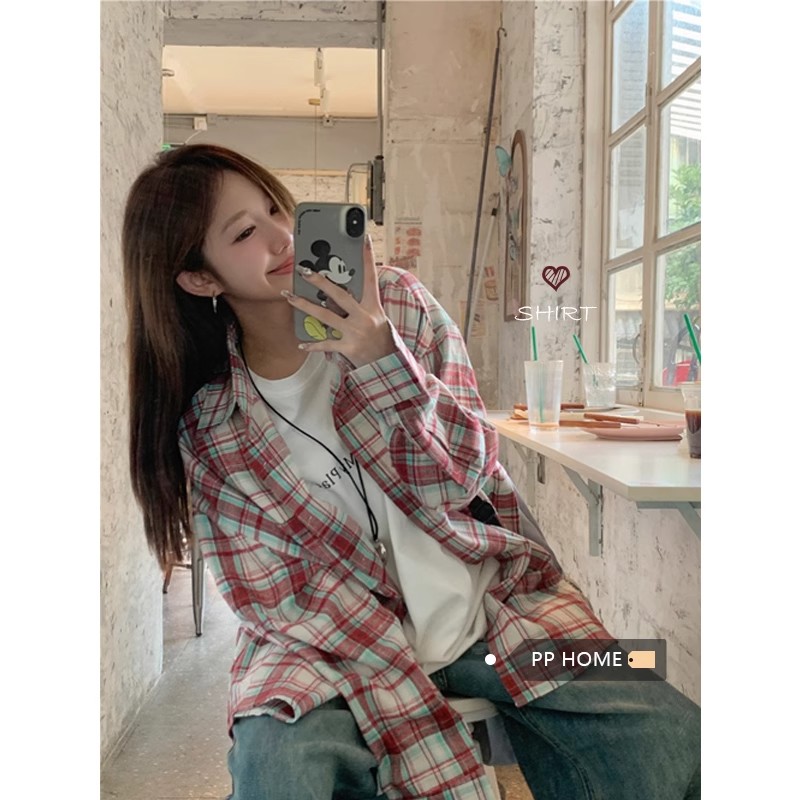 레트로 빨간색 격자 무늬 셔츠 가을 디자인 센스 루즈핏 다용도 캐주얼 체크무늬 셔츠 재킷 ins