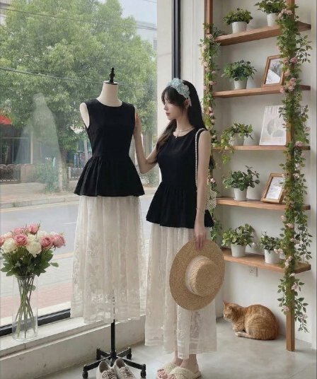 작은 적합한 맞춤 여름 오드리 여름 새로운 롱 코트 레이스 반신 롱 스커트 화이트 반신 스커트 여성 투피스 세트