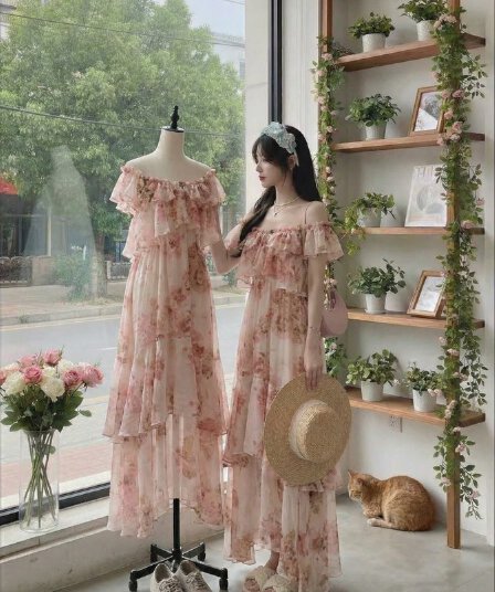 리우 시시 같은 단락 프랑스식 꽃무늬 한 단어 오프숄더 여성 드레스 여름 품격 프릴 우아한 휴가 길다 치마
