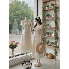 批发Blovelan白茶与风 法式复古纯欲高级感收腰插片式拼接仙气连衣裙