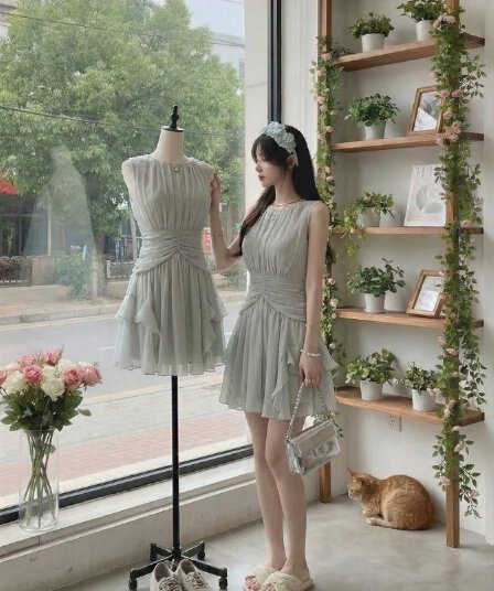 justqin 조정 센스 섬 2026 새로운 여름 드레스 허리 수축 쉬폰 치마 미니 스커트 여성 드레스 품격