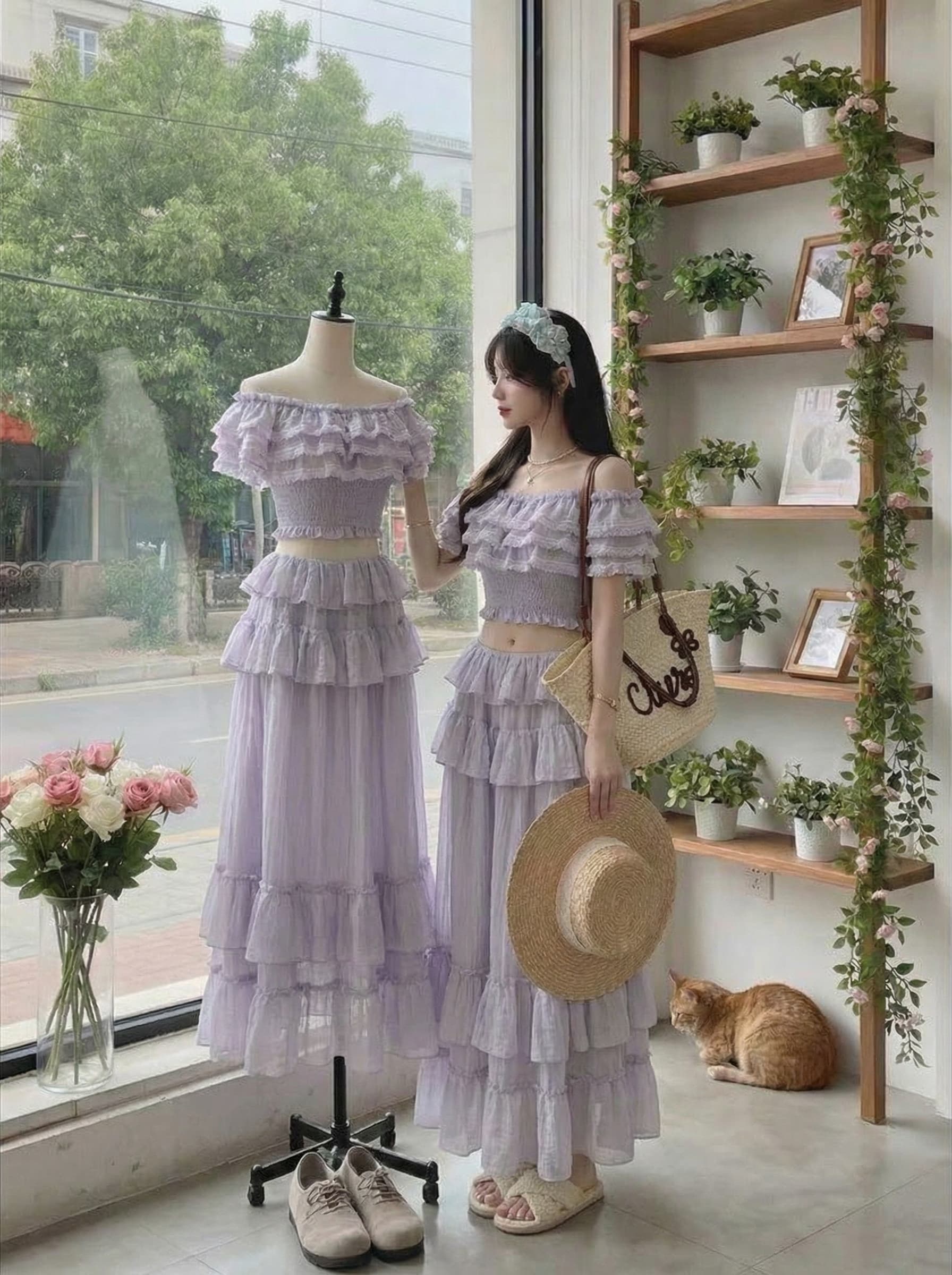 acaine 보라색 쇼트 스타일 연꽃 잎 연주 중 가져 가라. 맨위 하이웨이스트 한 마디 반신 스커트 두 조각 여성 세트 여름 세트