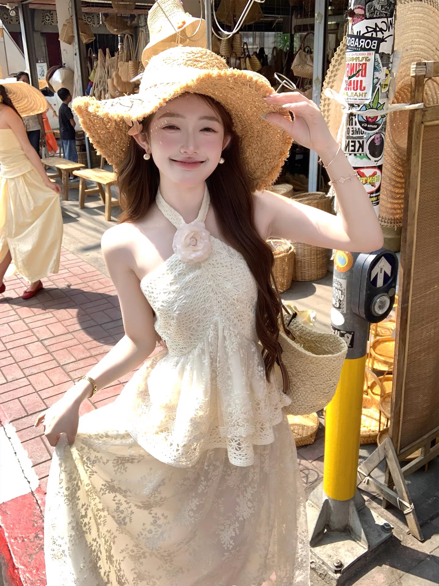 acaine 화이트 쇼트 스타일 레이스 행침 목 슬립 맨위 하이웨이스트 한 마디 반신 스커트 두 조각 여성 세트 여름 세트