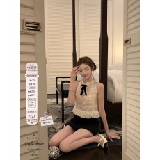 批发迟<b class='q'>伞</b><b class='q'>伞</b>26/ss 贝拉衣橱 jor*a 多层细闪欧根纱丝绒蝴蝶结无袖上衣