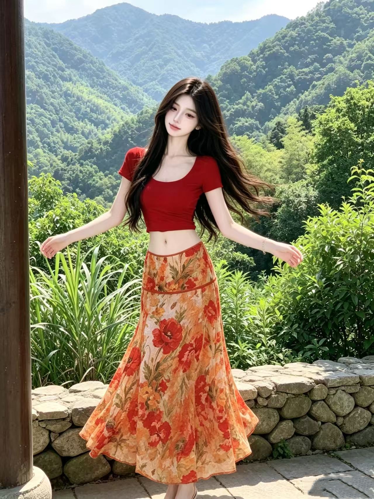 먹는다. 녹색 접시 화상 여름 레트로 Mingyan 분위기 빨간색 티셔츠 맨위 유화 대 꽃 반신 치마 세트