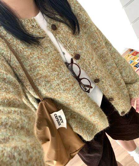 seeeemi 봄날 회화 디스크 이른 봄 새로운 녹색 브라운 꽃 실 루즈핏 오픈 가디건 여성 다용도 라운드 넥 니트 재킷