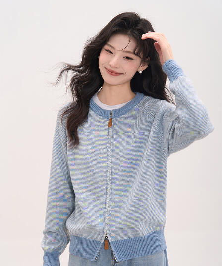 꽃밭 부드러운 스트라이프 한 부서 스트라이프 더블 지퍼 라운드 넥 오픈 가디건 니트 스웨터 여자 봄 가을 2026 새로운