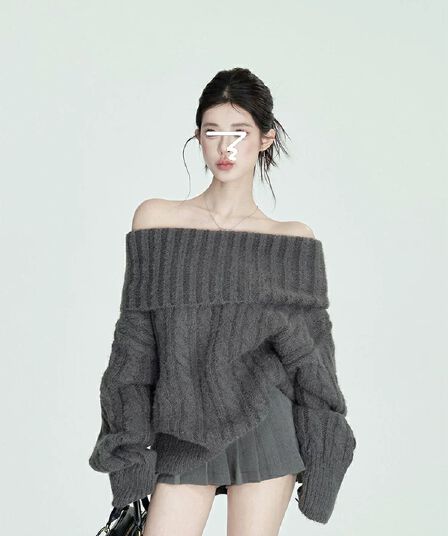 부드러운 찹쌀 오프숄더 클래식 회색 터틀넥 스웨터 여자 가을 겨울 느긋한 바람 루즈핏 풀오버 오프숄더 니트 스웨터 맨위