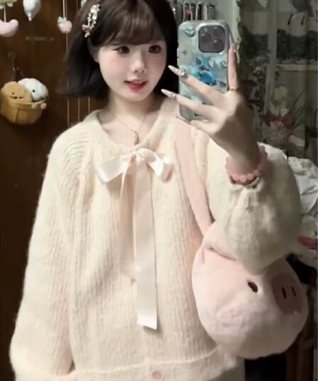 달콤함 소녀 바람 나비 넥타이 스웨터 여자 2026 가을 겨울 새로운 루즈핏 다용도 연령 감소 긴팔 재킷 트렌디