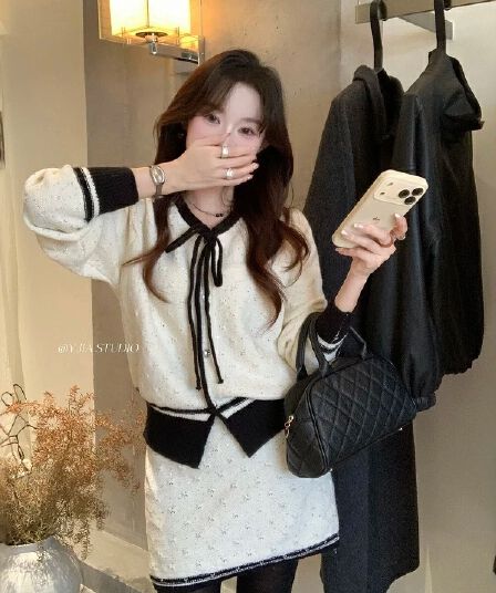 한 부서 미니멀리즘 품격 다용도 단색 긴팔 스웨터 달콤함 편안함 하이웨이스트 슬림해 보이는 반신 스커트 여성 가을